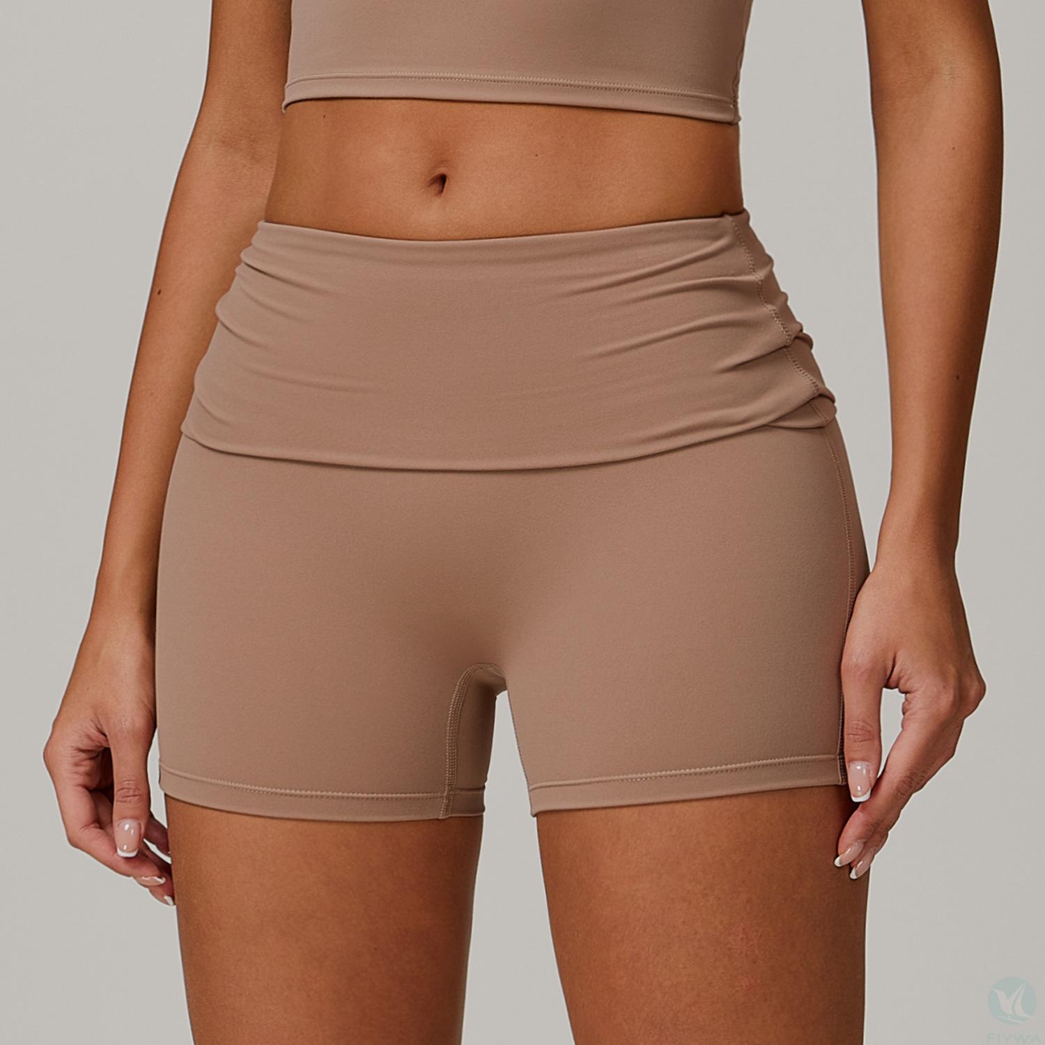 Environmentally friendly flip waist women＇s quick drying yoga shorts, high waist exercise, hip lifting, running, fitness shorts