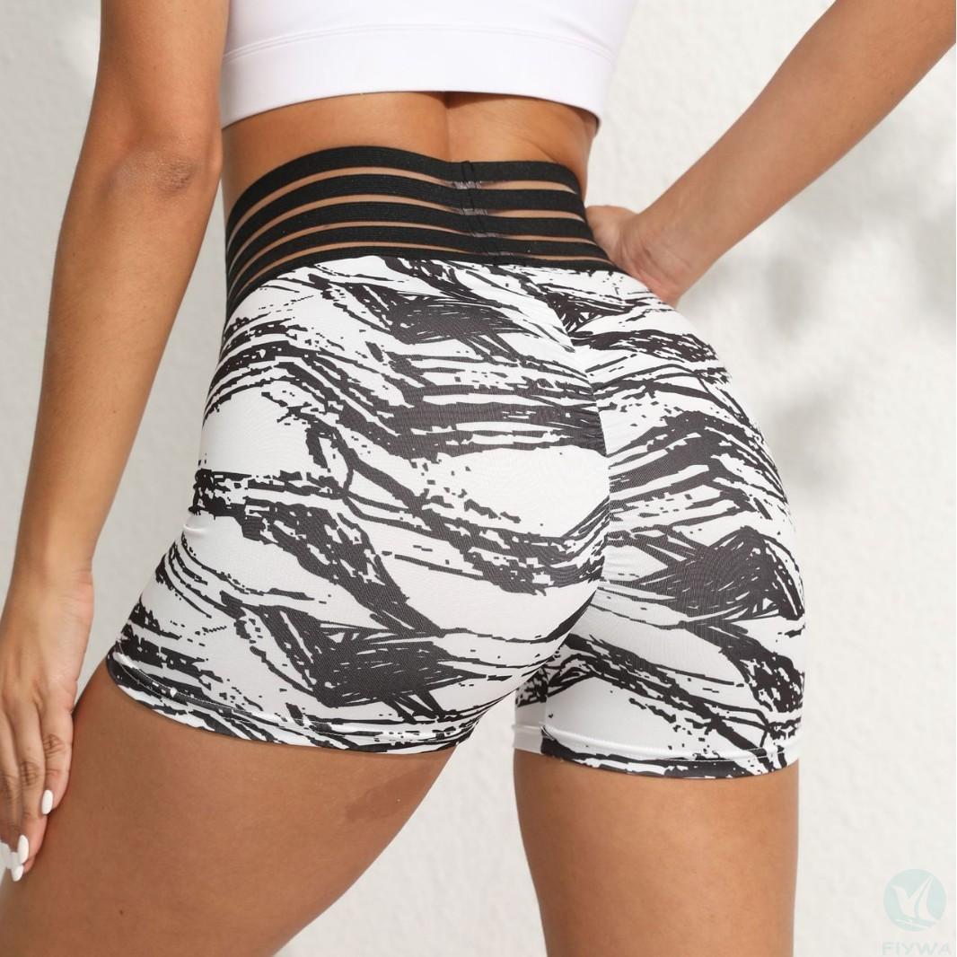 Hot selling sports yoga pants for women, high waisted and fast drying peach hip yoga shorts, tie dye jacquard running leggings