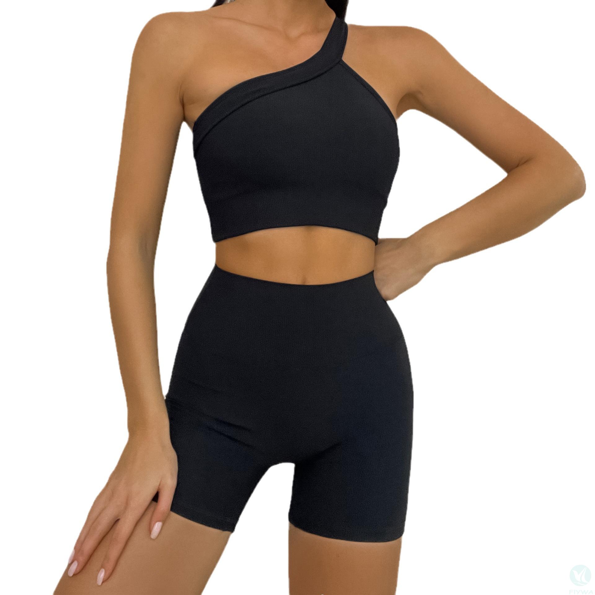 European and American yoga clothes, single shoulder design, sports bra, irregular pleats, hip lifting, leg binding pants, fitness clothes, women＇s suit
