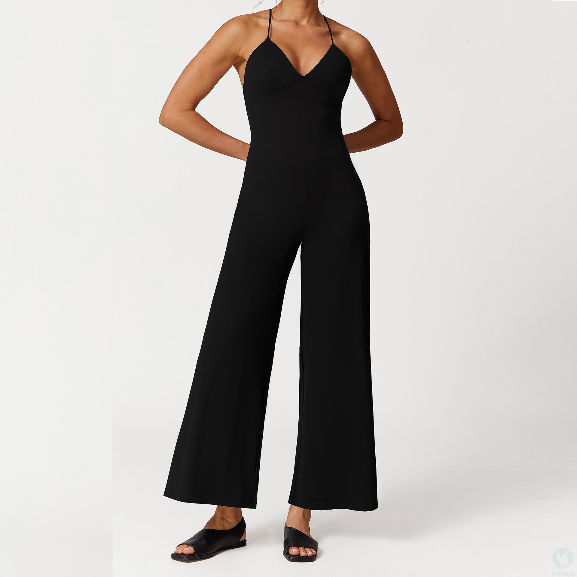 Cross border European and American sexy temperament suspender strap solid color backless V﹣neck casual one﹣piece yoga pants