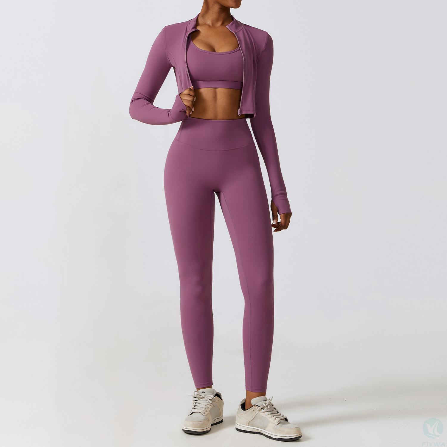 European and American autumn and winter tight yoga suit, nude quick drying exercise set, slimming fitness suit three piece set
