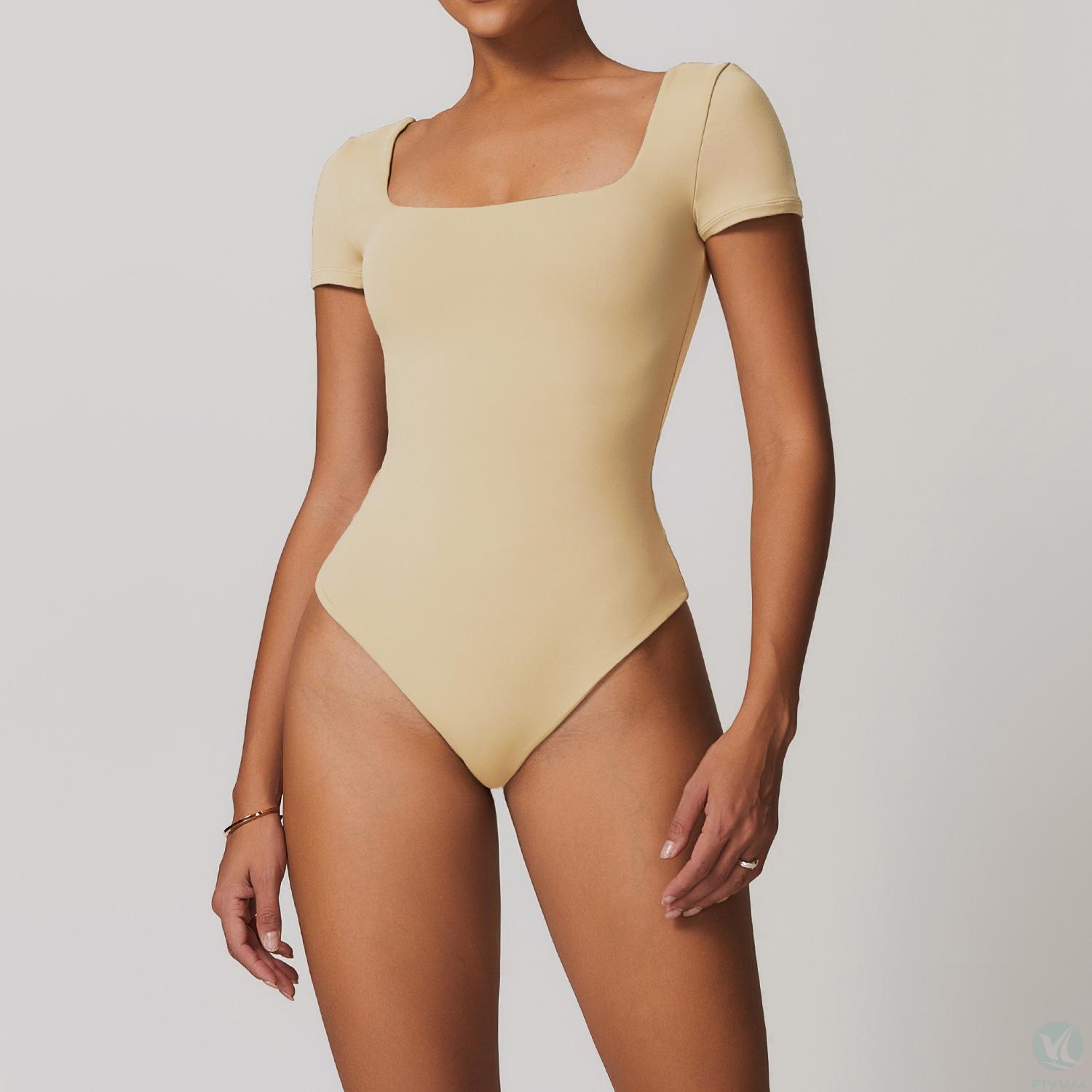 Women＇s elegant square bodysuit, women＇s bottom shaping triangle jumpsuit, short sleeved fitness jumpsuit