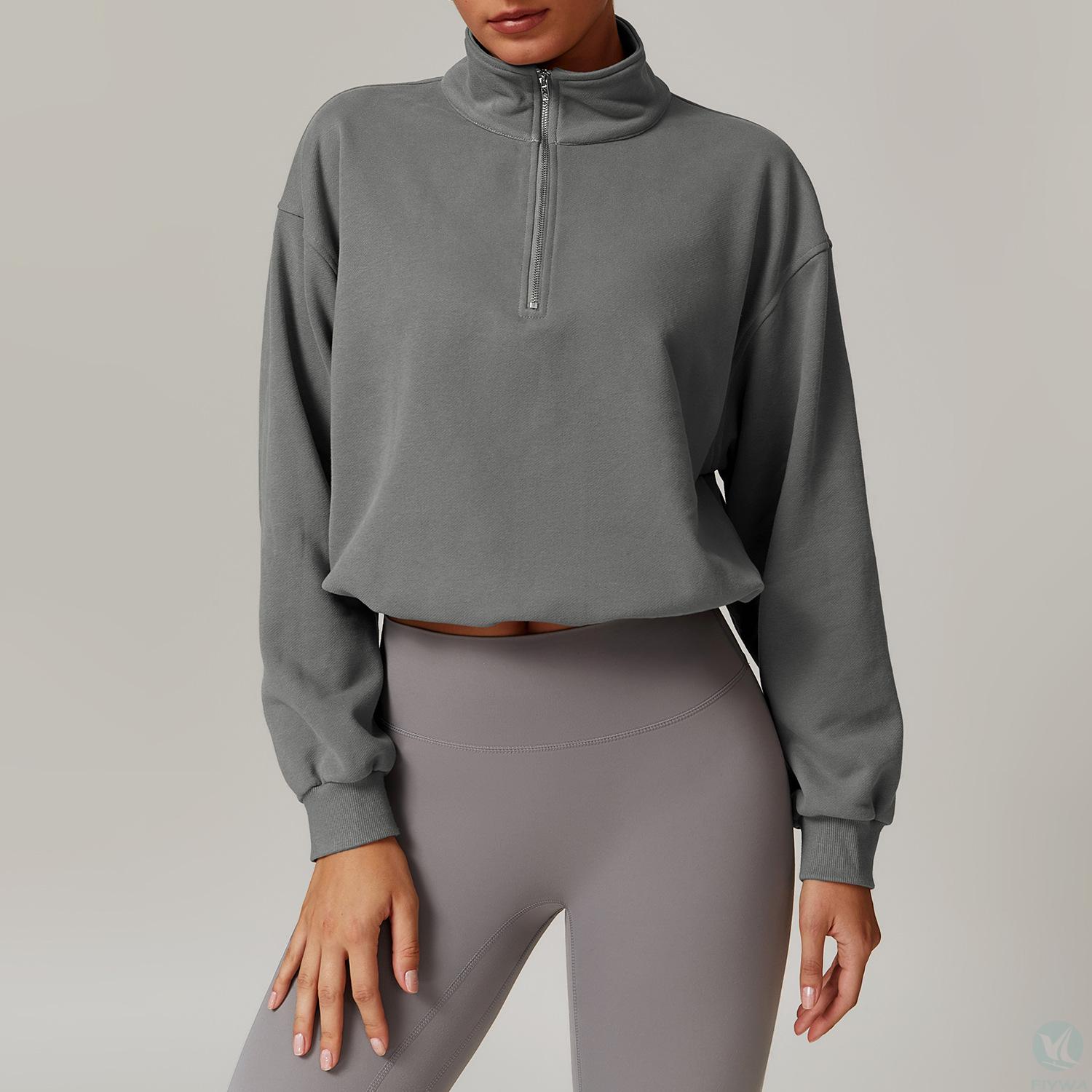 Women＇s autumn and winter casual sports hoodie stand collar long sleeved semi zipper breathable warm top
