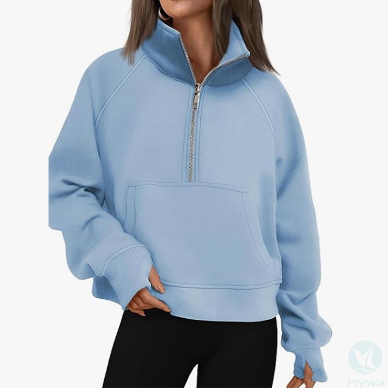 Women＇s half zipper casual top, standing collar pullover, warm sports sweater, autumn and winter breathable jacket