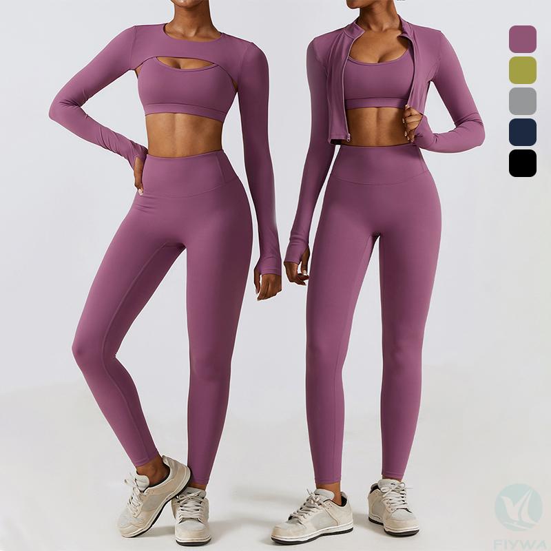 Women＇s quick drying fitness yoga sports bra leggings set long sleeved solid pattern nude running set