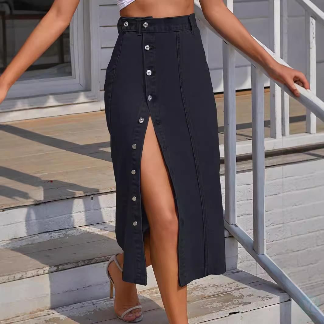 Women＇s Summer Asymmetric Denim Girls＇ Midi Open Skirt Button Women＇s Jeans Long Pencil Skirt Women＇s Casual