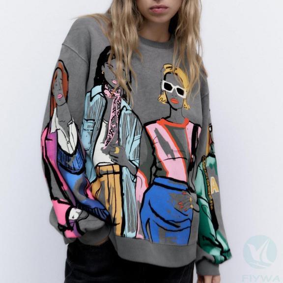 Autumn and winter new women＇s fashionable hooded round neck loose printed sportswear