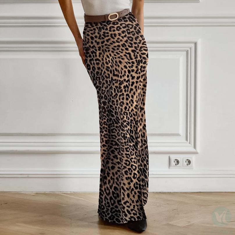 Wholesale women＇s fashionable and elegant leopard print trailing long skirt, summer zipper long skirt, women＇s classic skirt