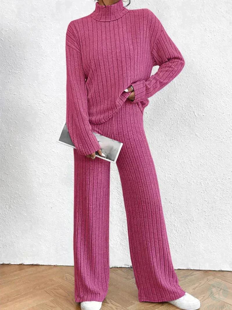 High neck long sleeved loose wide leg pants for casual daily use, elegant and high﹣quality, can be customized for autumn and winter women＇s knitted suit