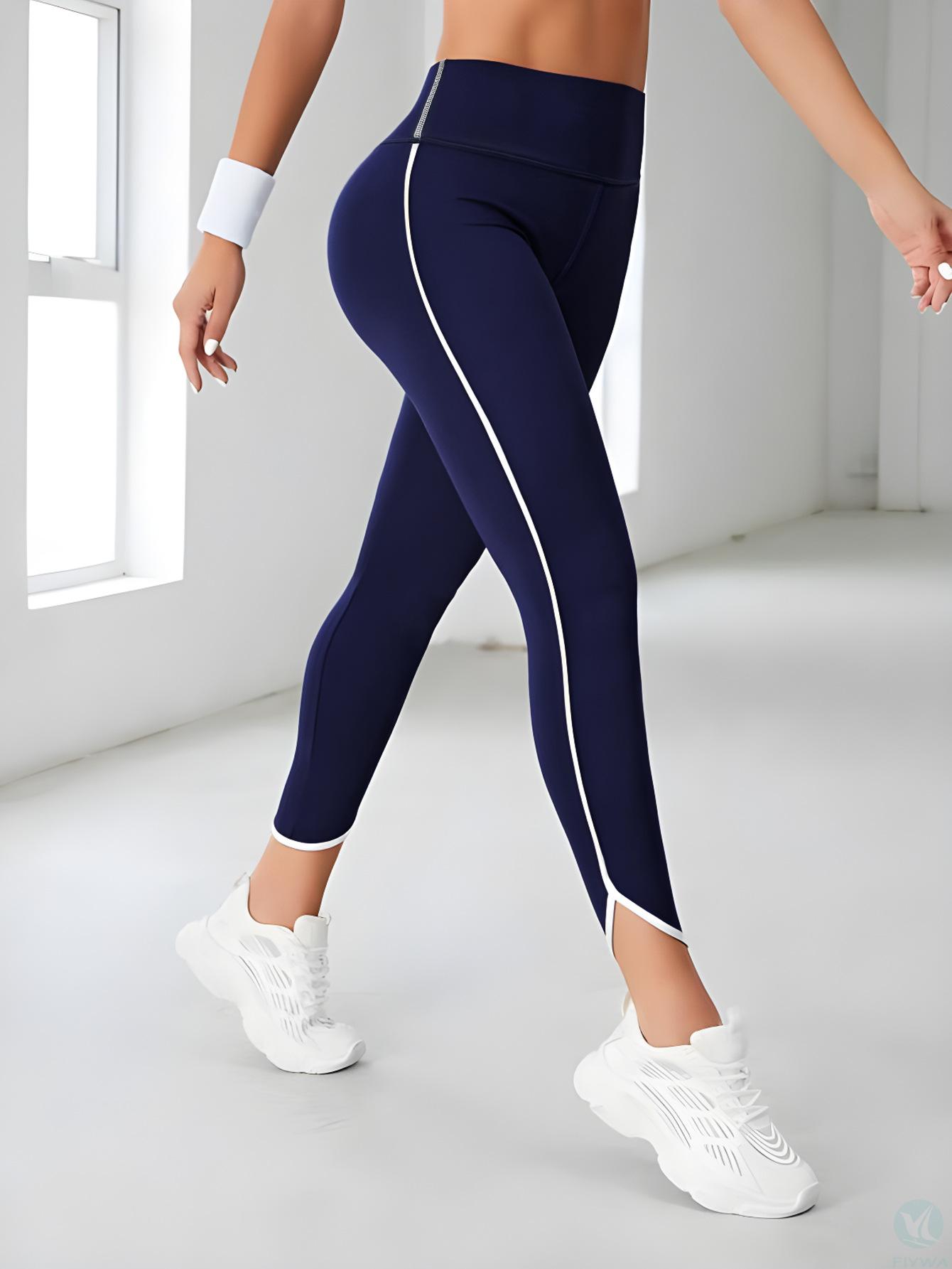 Women＇s high waisted fitness pants with spring and summer stretch, hip lifting, wide leg, trumpet shaped yoga exercise training pants, solid