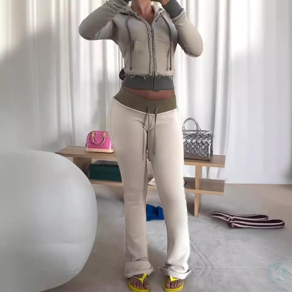 Customized logo casual autumn 2﹣piece set fitness sportswear color blocked hoodie and knitted sweatshirt bell bottom pants set