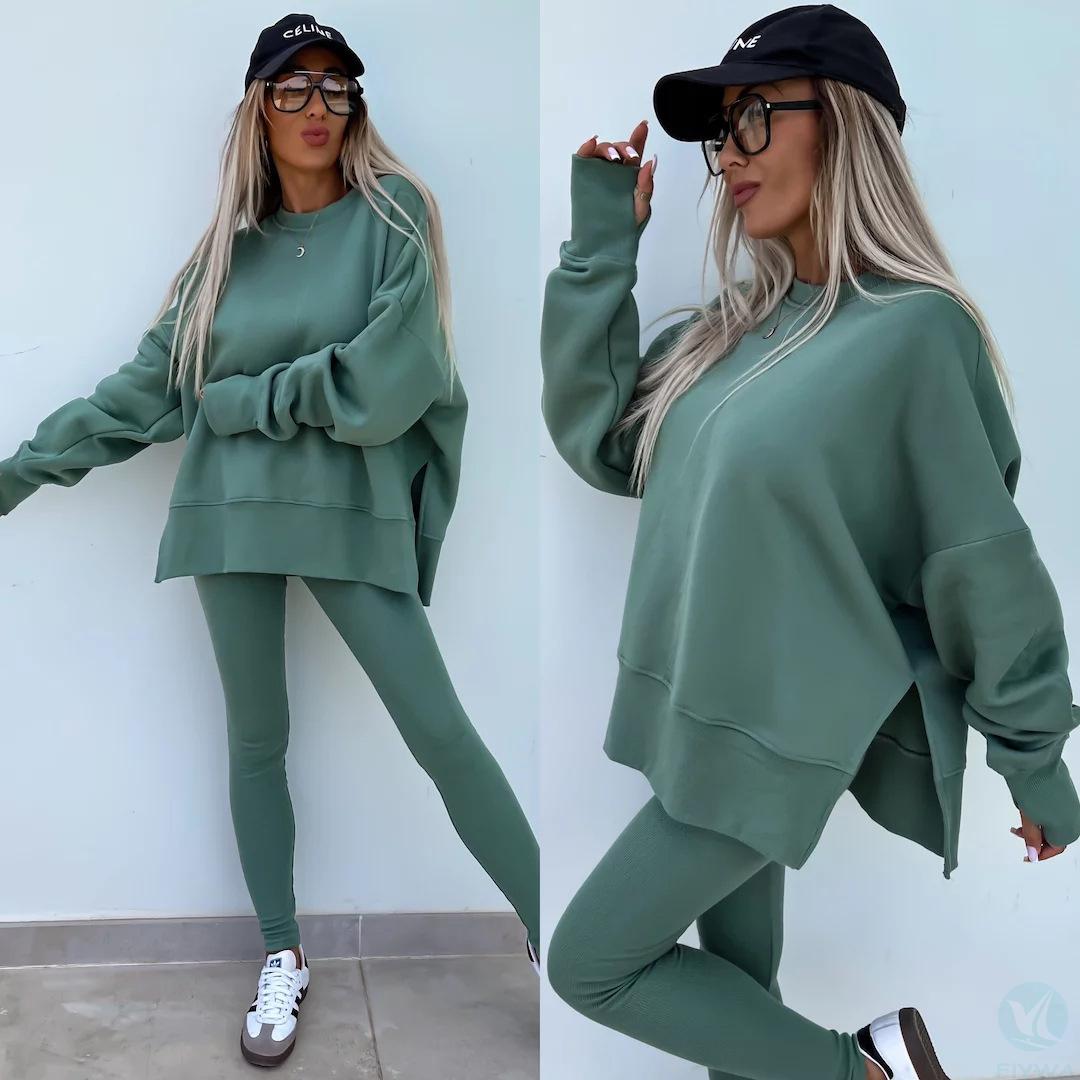 2025 New European and American Women＇s Casual Tight Pants Loose Hoodie Set Two Piece Set
