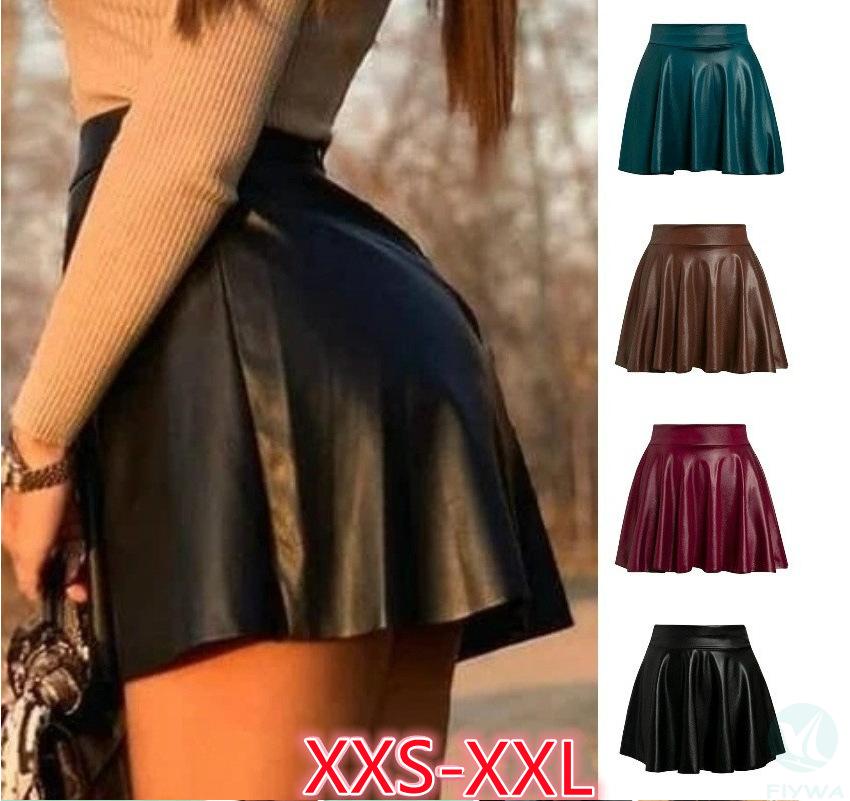 European and American new women＇s faux leather PU leather skirt black slimming casual half skirt sexy pleated skirt pants skirt large size