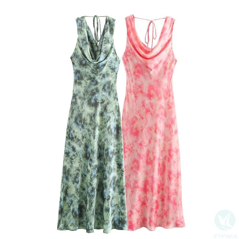 Pink printed silky sleeveless round neck casual and fashionable summer women＇s clothing