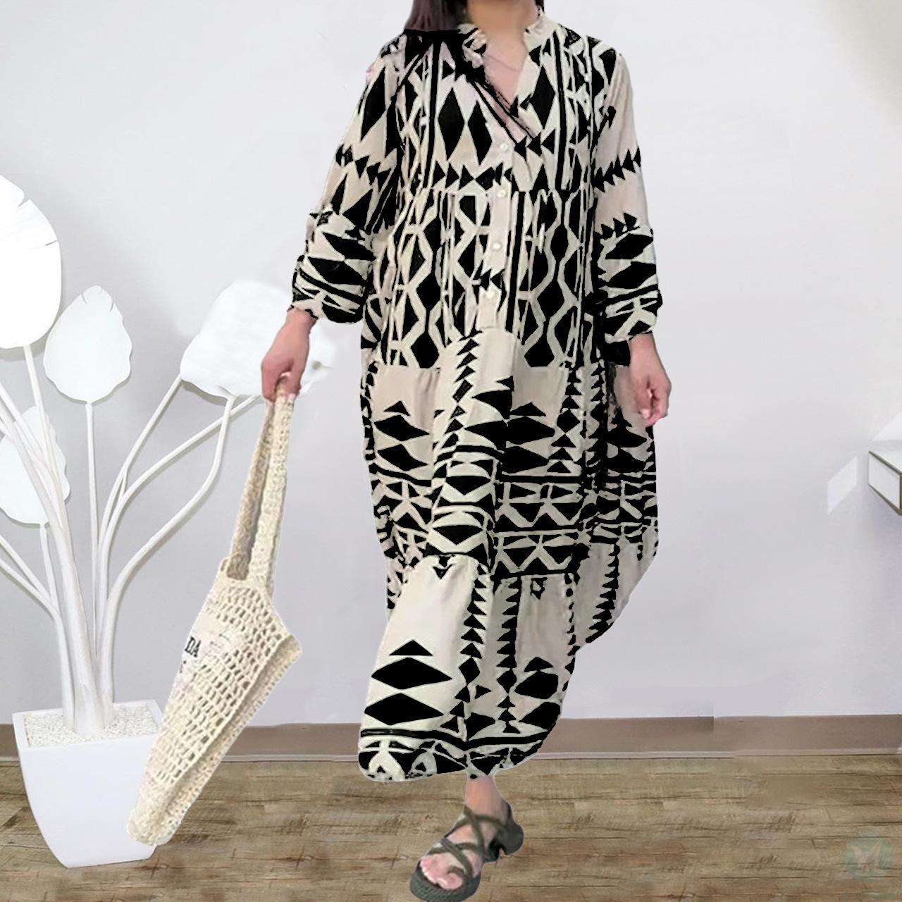 Cross border plus size European and American women＇s clothing Amazon autumn new collection pullover print Bohemian dress for women
