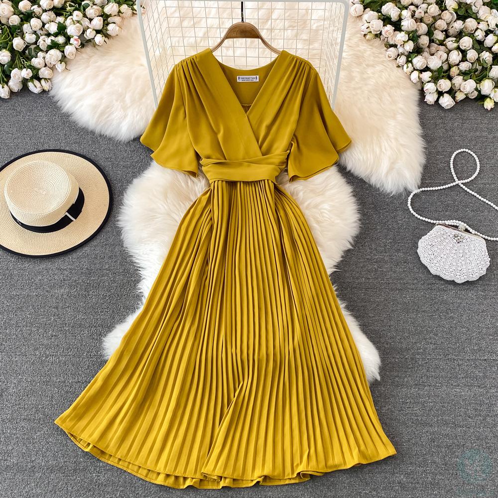 New short sleeved V﹣neck solid pleated chiffon high waisted Maxi women＇s casual dress for women