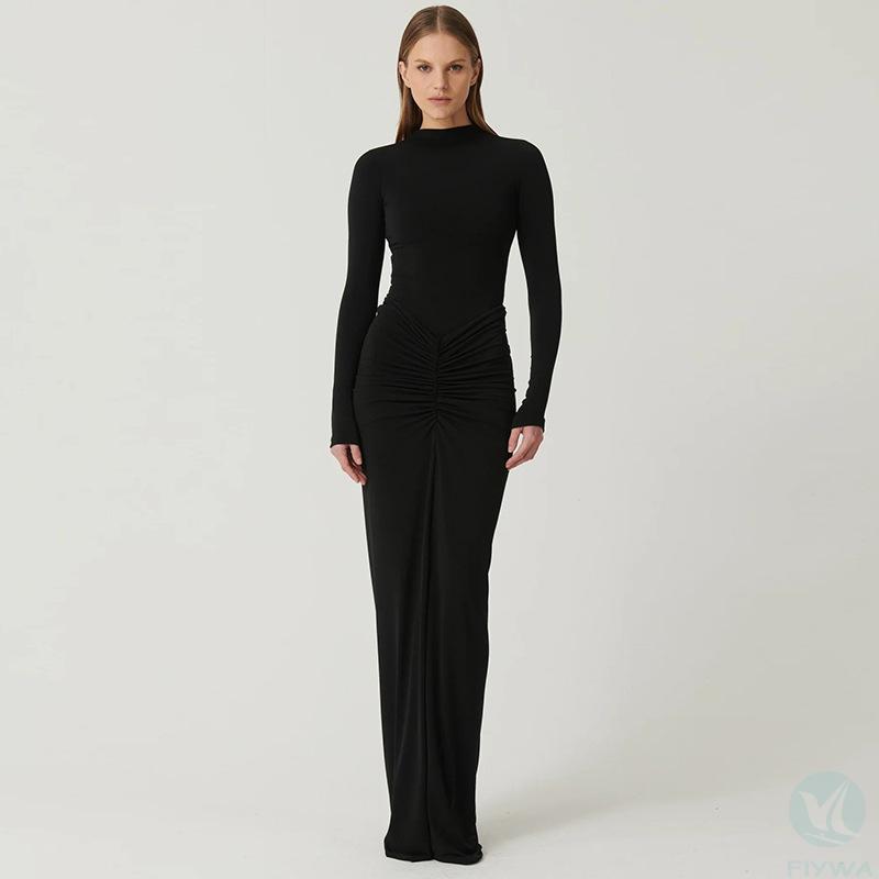 New sexy waist cinching slimming solid color long skirt temperament pleated women＇s clothing