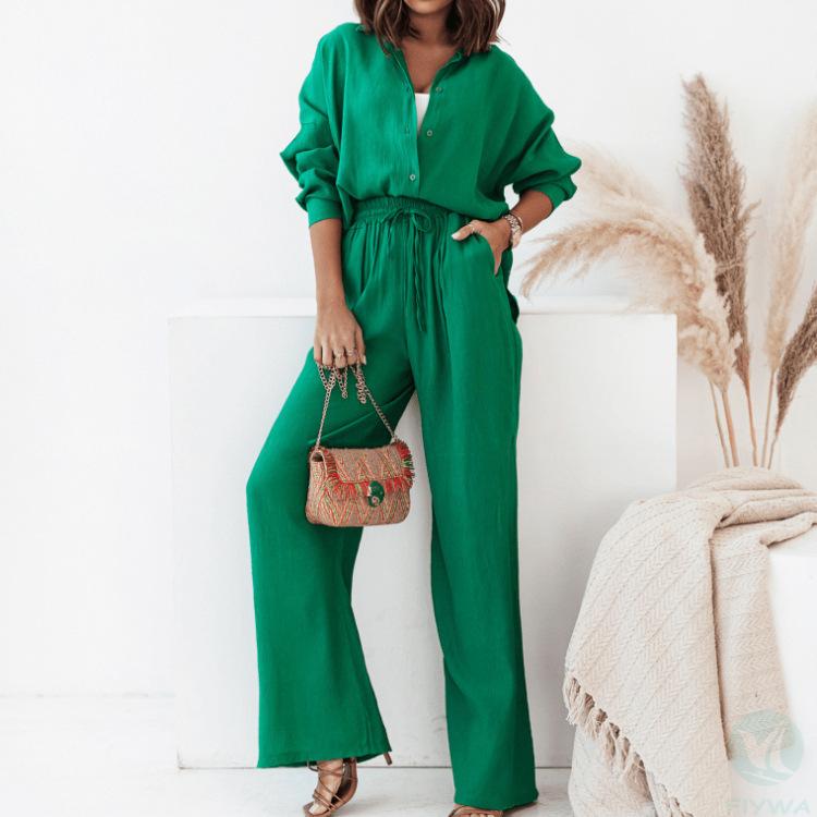European and American women＇s fashion loose long sleeved shirt wide leg pants 2﹣piece set