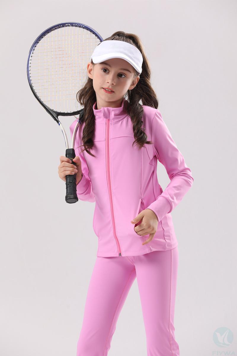 Children＇s autumn and winter breathable solid color running sports outdoor long sleeved jacket girls＇ yoga suit set