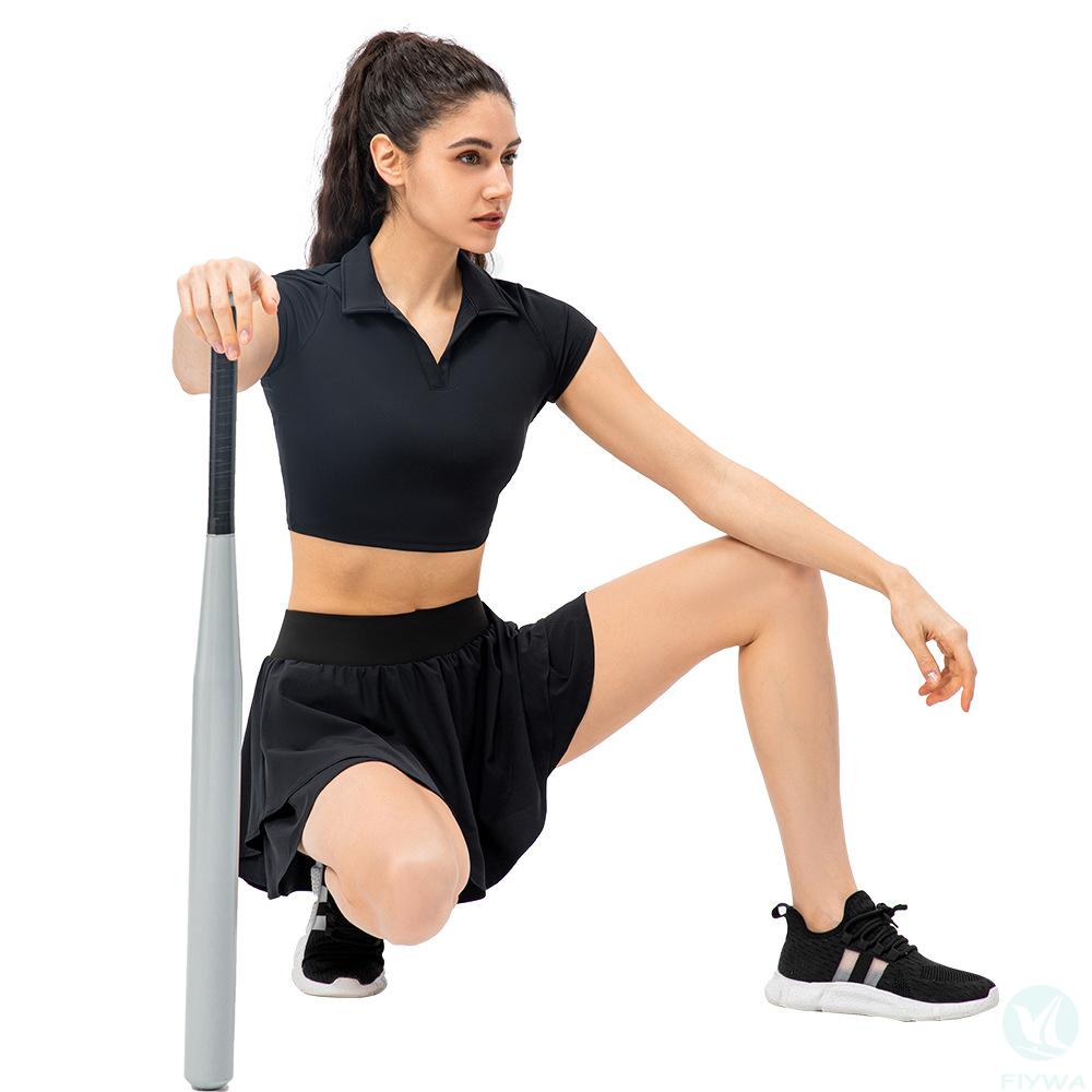 Summer gym fitness suit, women＇s golf tennis skirt set, nude feeling, environmentally friendly, soft short sleeved top, loose tennis skirt set