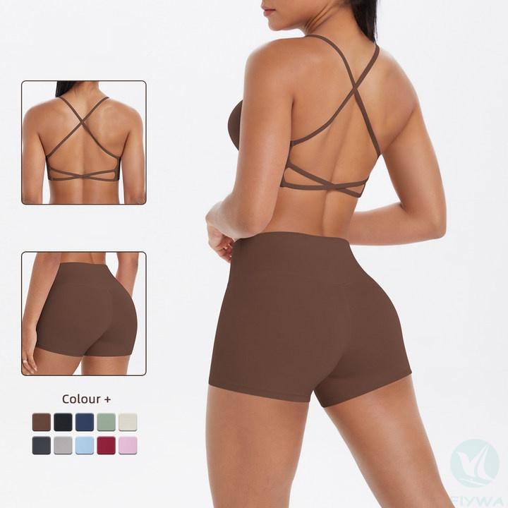 women yoga set cross back strappy sports bra high waist hip lifting seamless shorts cloud feel brushed activewear yoga suit for women FLY-R-001
