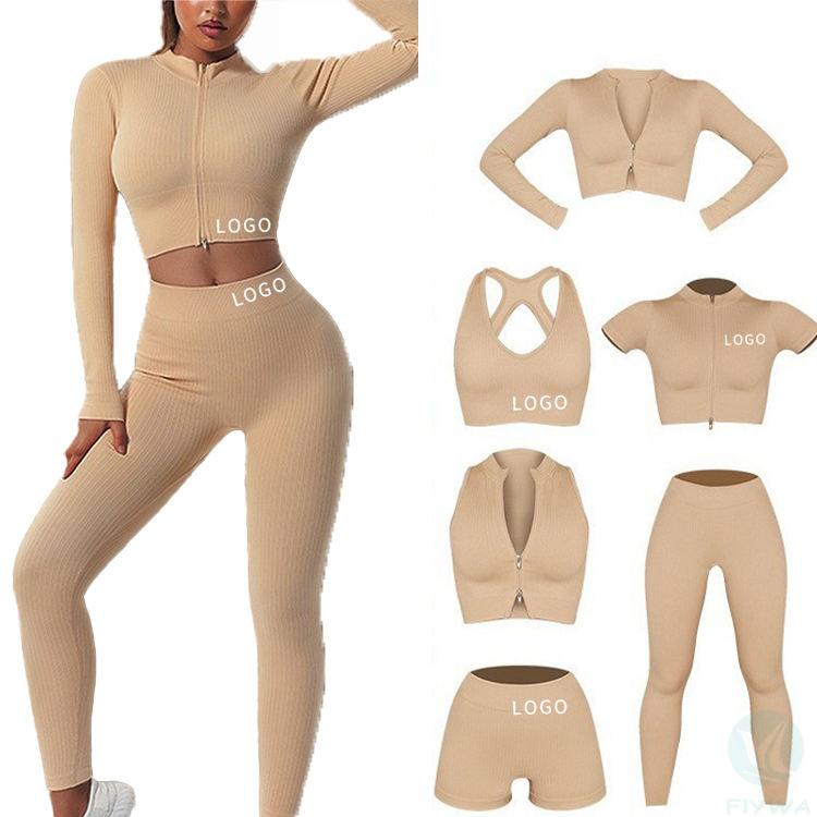 women 6 piece ribbed zipper yoga set sports bra top shirt long sleeve leggings shorts gym fitness set