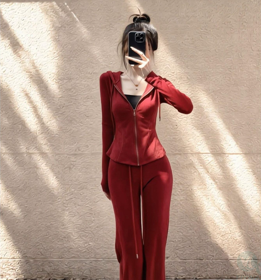 Plain Hooded Sweatshirt and Flared Pants Set