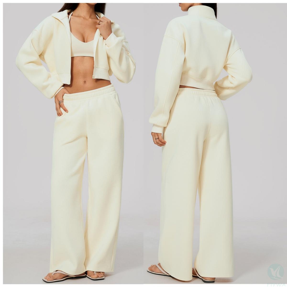 Women's Sportswear Stand-up Collar Zipper Short Style Loose and Slim-fitting Wide-leg Fleece-lined Sports Outfit Customizable