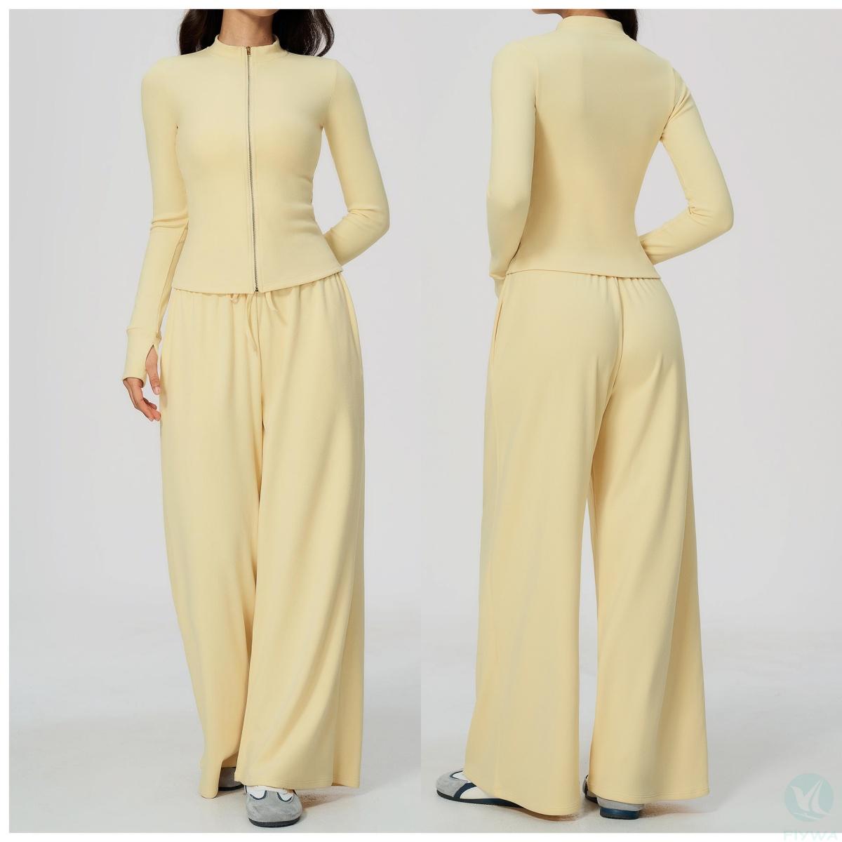 Women's Yoga Wear Two-piece Set - Button-down Zip-up Top Long Pants Casual Straight-leg Wide-leg Pants Yoga Wear Factory Outlet