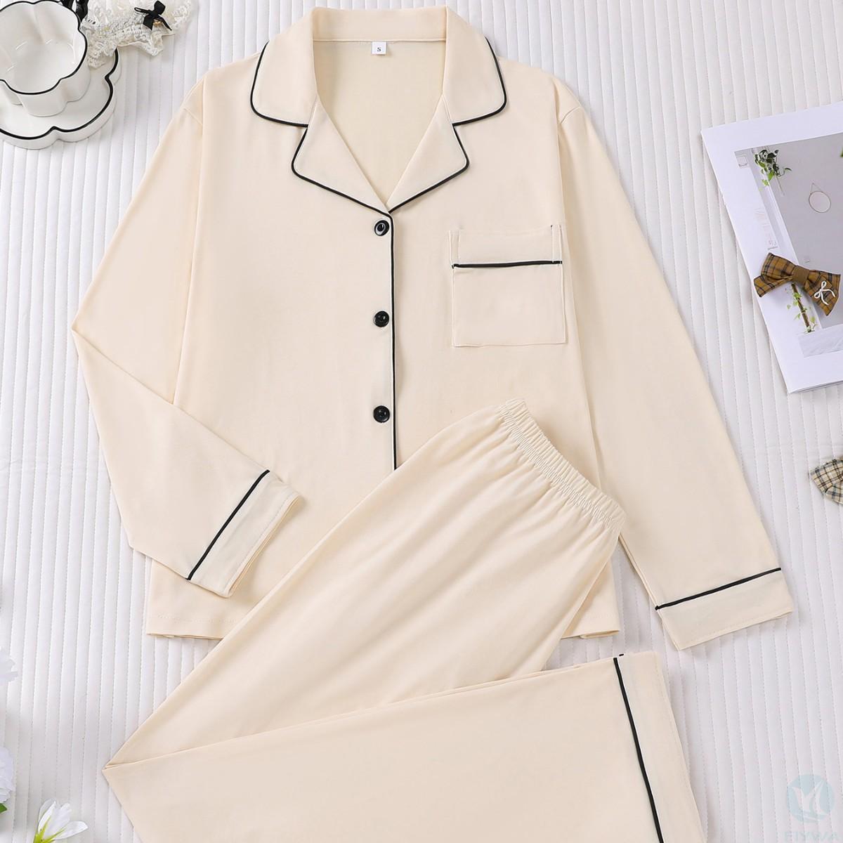 Women's Long Sleeve Pajama Set with Cardigan and Collar Simple Casual Comfortable Home Wear Suitable for Outdoors Customizable