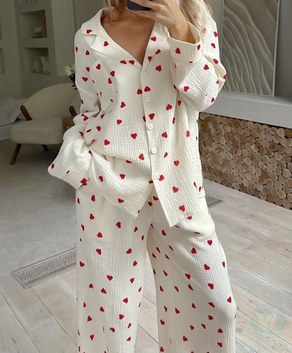 Women's Sleepwear with Heart Pattern - Women's Home Wear Set Including Loose Long-sleeved Pants and Pajama Top Factory Outlet