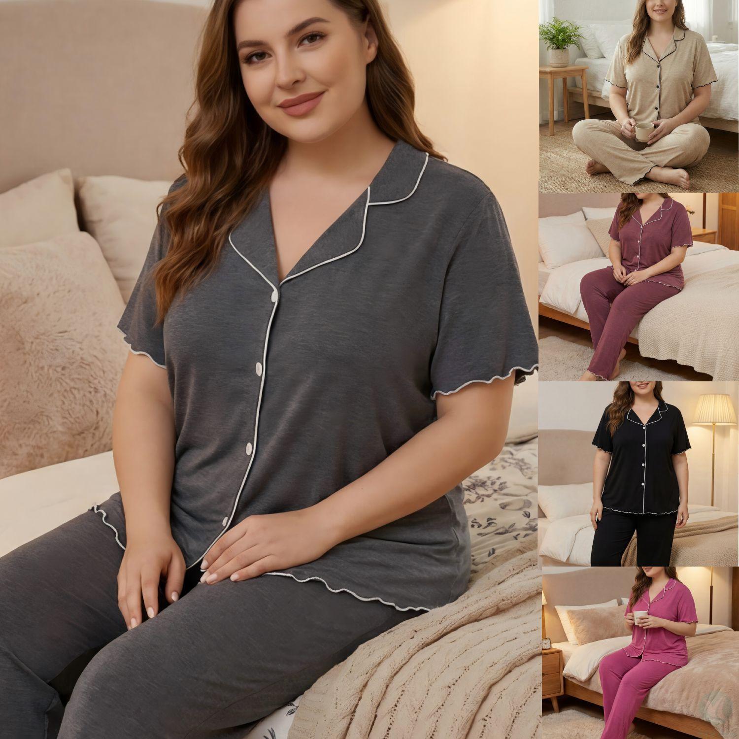 Women's Solid-color Large-size Short-sleeved Pajama Set for Women Loose-fitting Home Wear Button-down Cardigan Two-piece Set